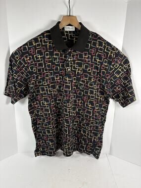 Vintage Tuttle Golf Collection Mens XL Black Geometric Polo Shirt Hong Kong 90s